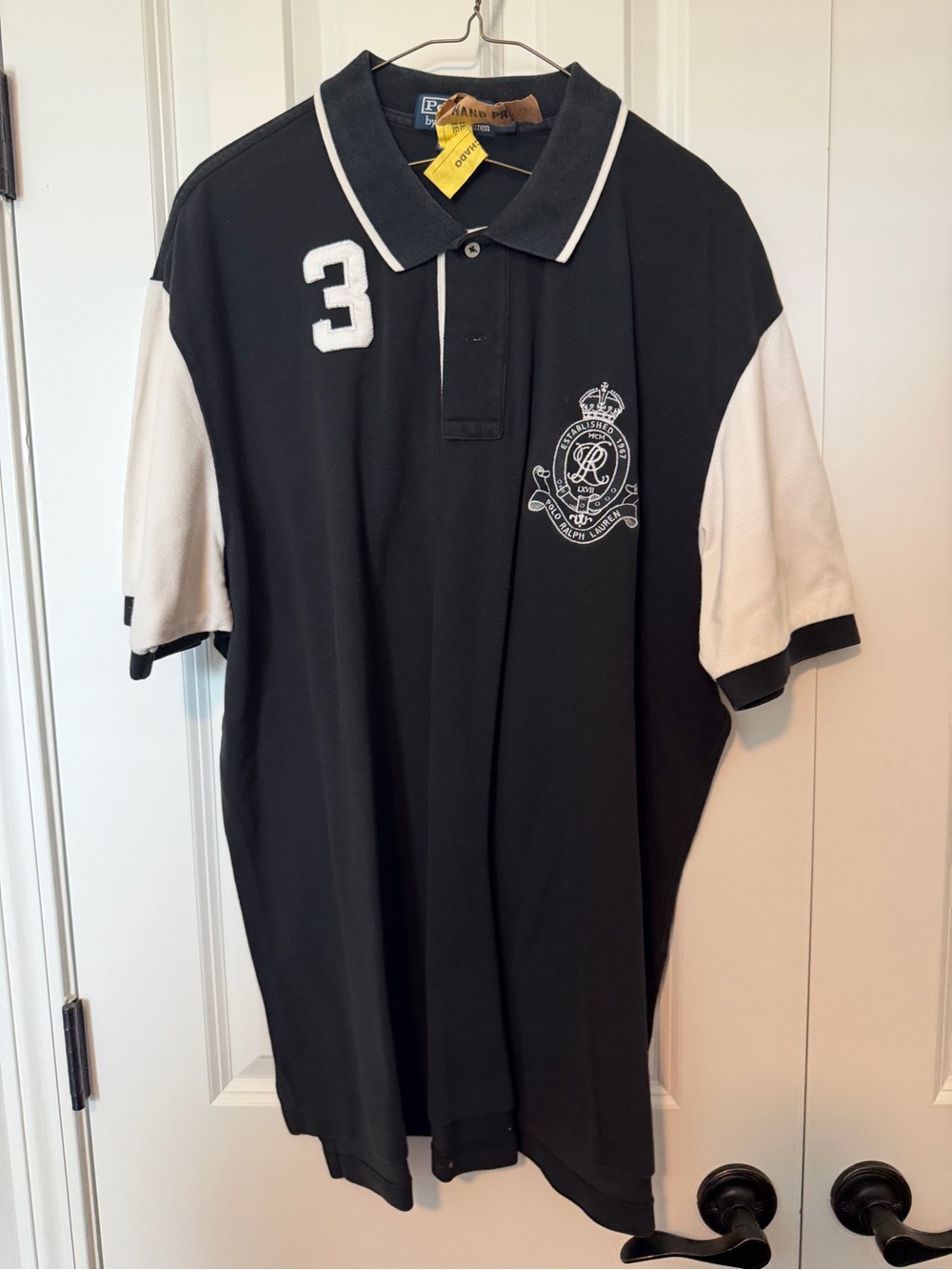 Polo by Ralph Lauren Black and White Rugby Polo with Crest & #3 Patch